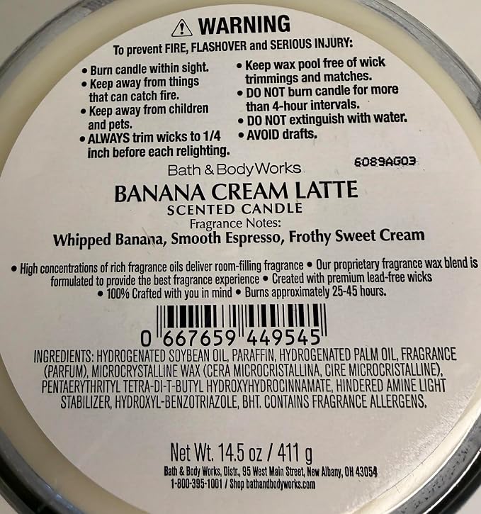 BANANA CREAM LATTE Bath & Body Works 3 Wick Candle alternate view 2