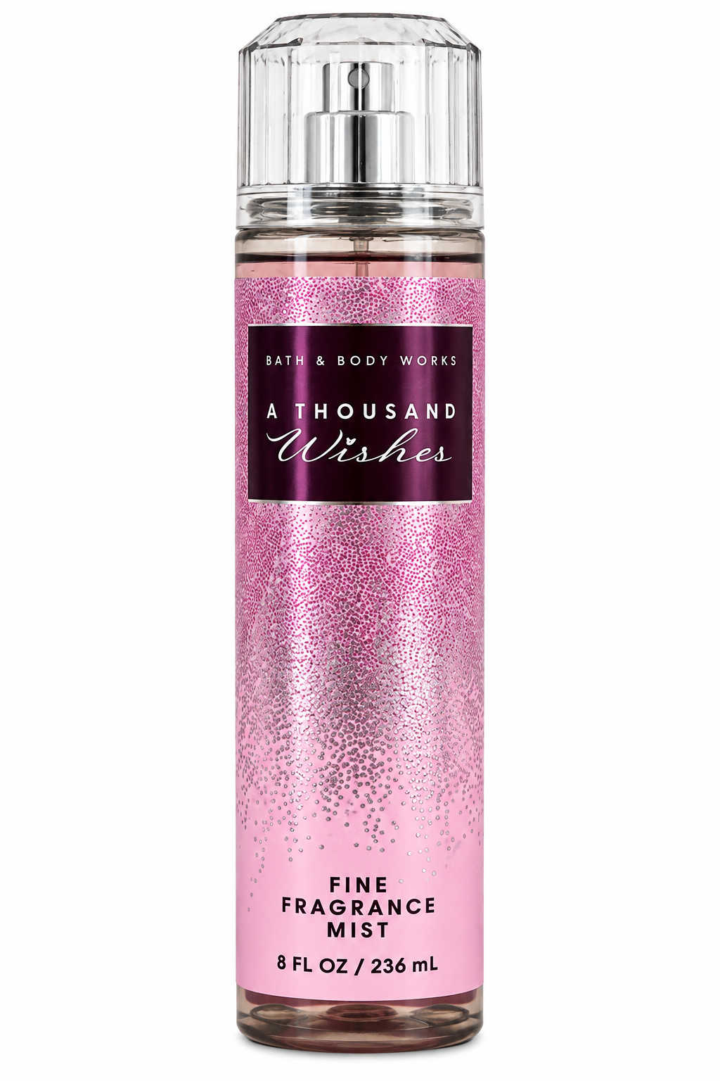 Bath & Body Works A Thousand Wishes Fine Fragrance Mist 8 oz bottle, pink glitter packaging, sparkling champagne and peony fragrance, white background.