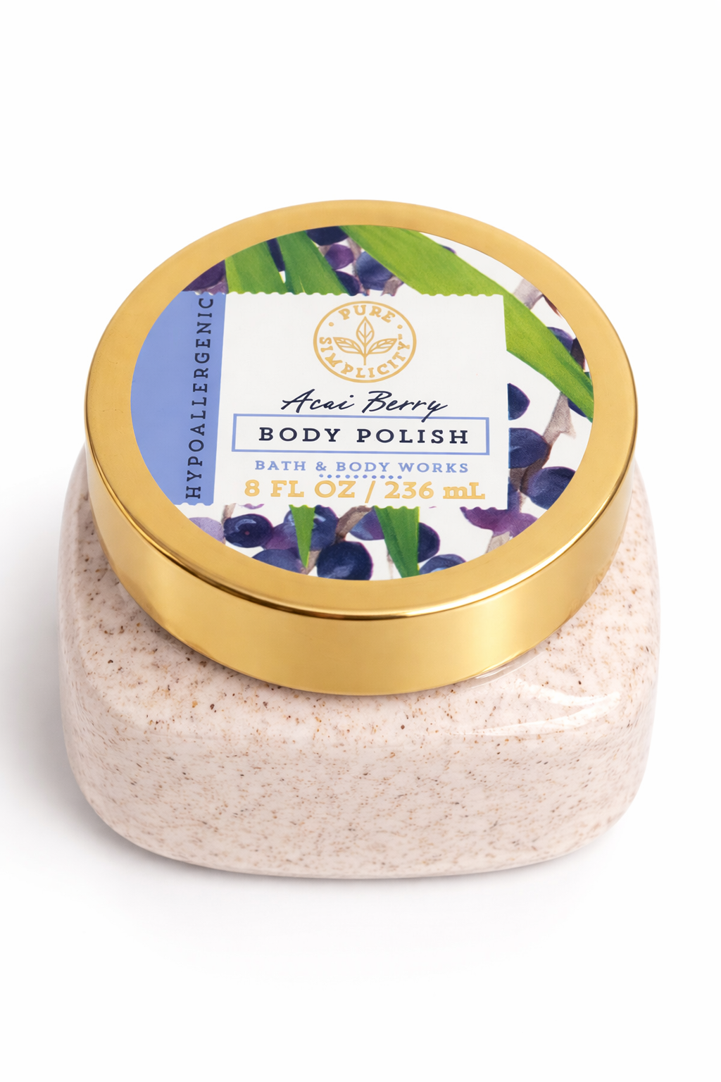 Acai Berry Body Polish Bath & Body Works 8 oz close up label gentle exfoliating scrub smooth skin hypoallergenic formula