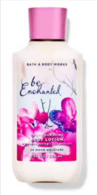 Bath & Body Works BE ENCHANTED Daily Nourishing Body Lotion 8 oz single bottle featuring sparkling berries, frosted florals and creamy vanilla musk with Shea Butter and Coconut Oil on a pure white background