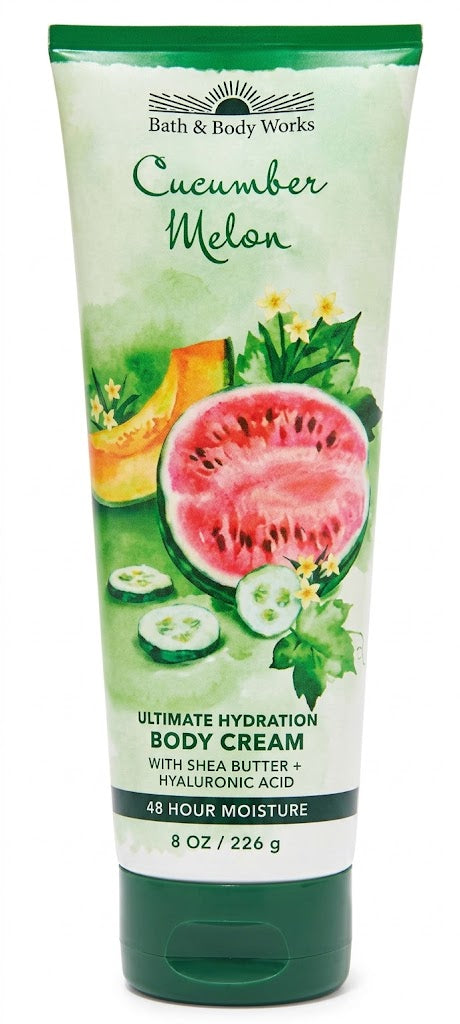 Bath & Body Works CUCUMBER MELON Ultimate Hydration Body Cream 8 oz single tube featuring refreshing cucumber and juicy melon fragrance with Shea Butter and Hyaluronic Acid on a pure white background