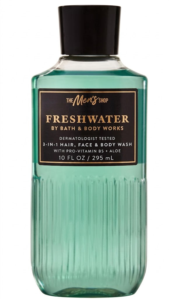 Bath & Body Works FRESHWATER 3-in-1 Hair Face and Body Wash 10 oz single bottle featuring Italian bergamot, mountain spring water and oakmoss fragrance with Pro-Vitamin B5 and Aloe on a pure white background