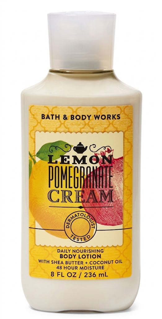 Bath & Body Works LEMON POMEGRANATE CREAM Daily Nourishing Body Lotion 8 oz single bottle featuring bright lemon, juicy pomegranate and sweet cream fragrance with Shea Butter and Coconut Oil on a pure white background