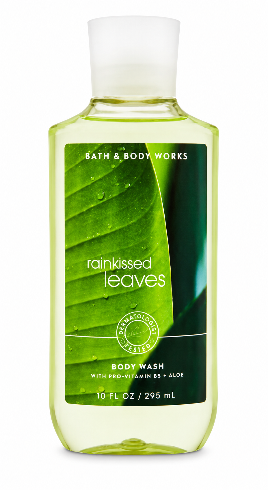 Bath & Body Works RAINKISSED LEAVES Body Wash 10 oz single bottle featuring a fresh green botanical fragrance with Pro-Vitamin B5 and Aloe on a pure white background