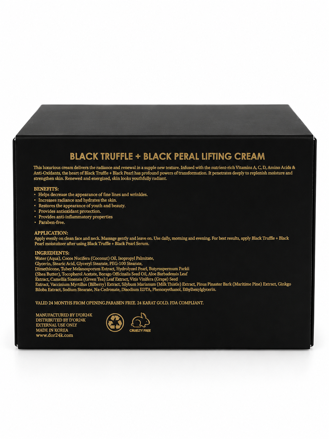 D'OR24K Prestige Perfection Black Truffle and Black Pearl Lifting Cream ingredients and directions box back luxury skincare packaging
