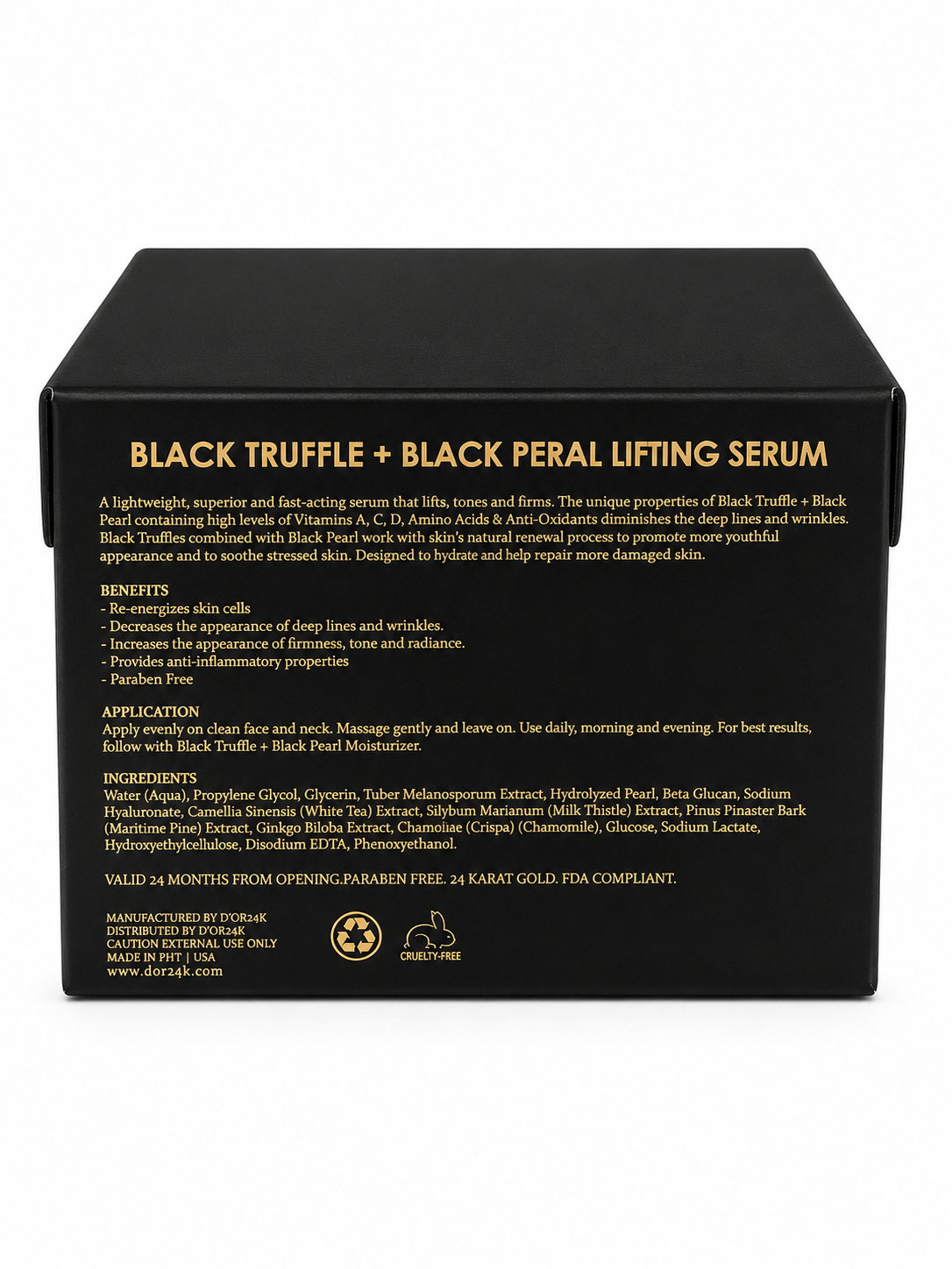 D'OR24K Prestige Perfection Black Truffle and Black Pearl Lifting Serum ingredients and directions box back luxury skincare packaging