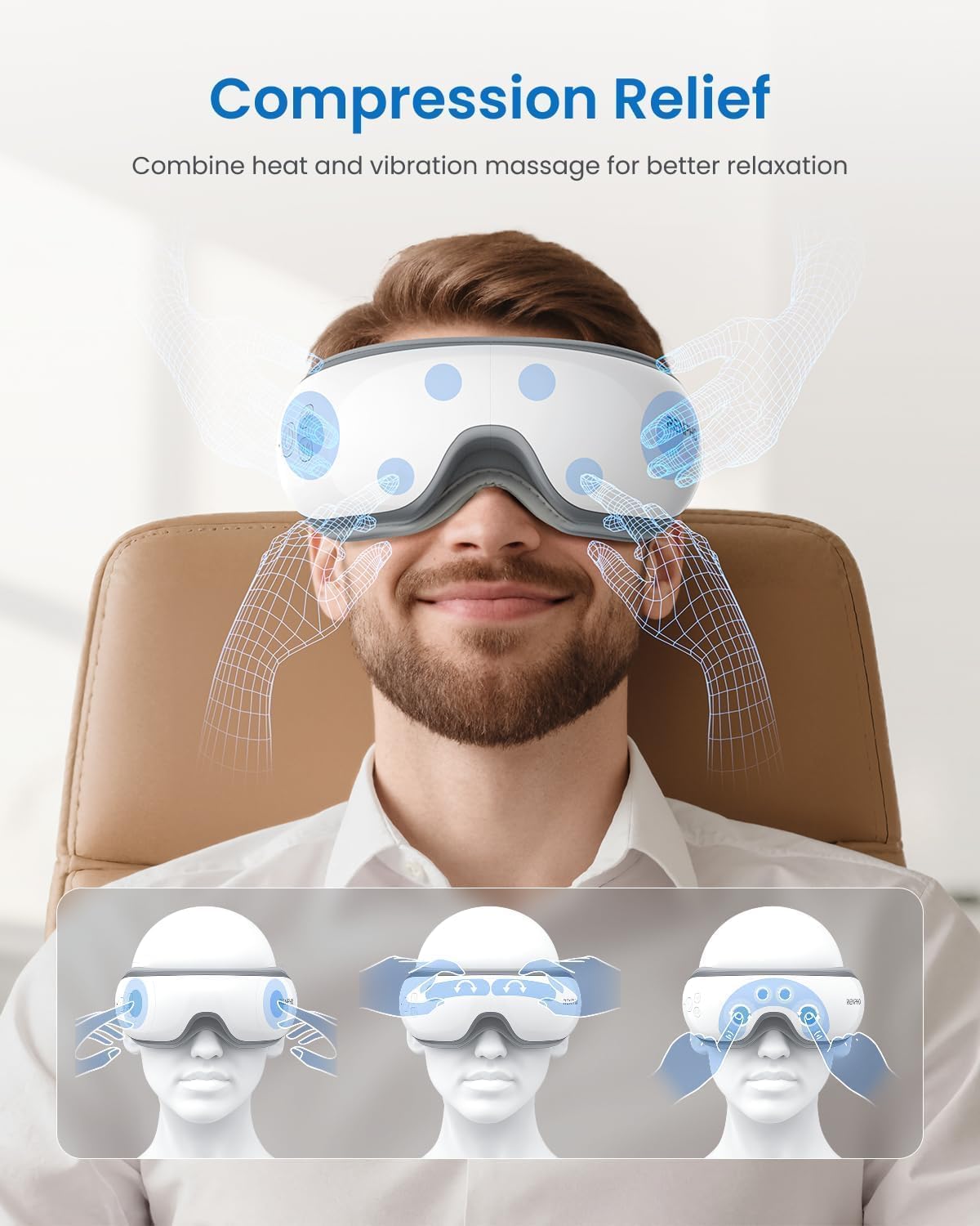 Heated eye massager device modern design for eye strain relief and relaxation