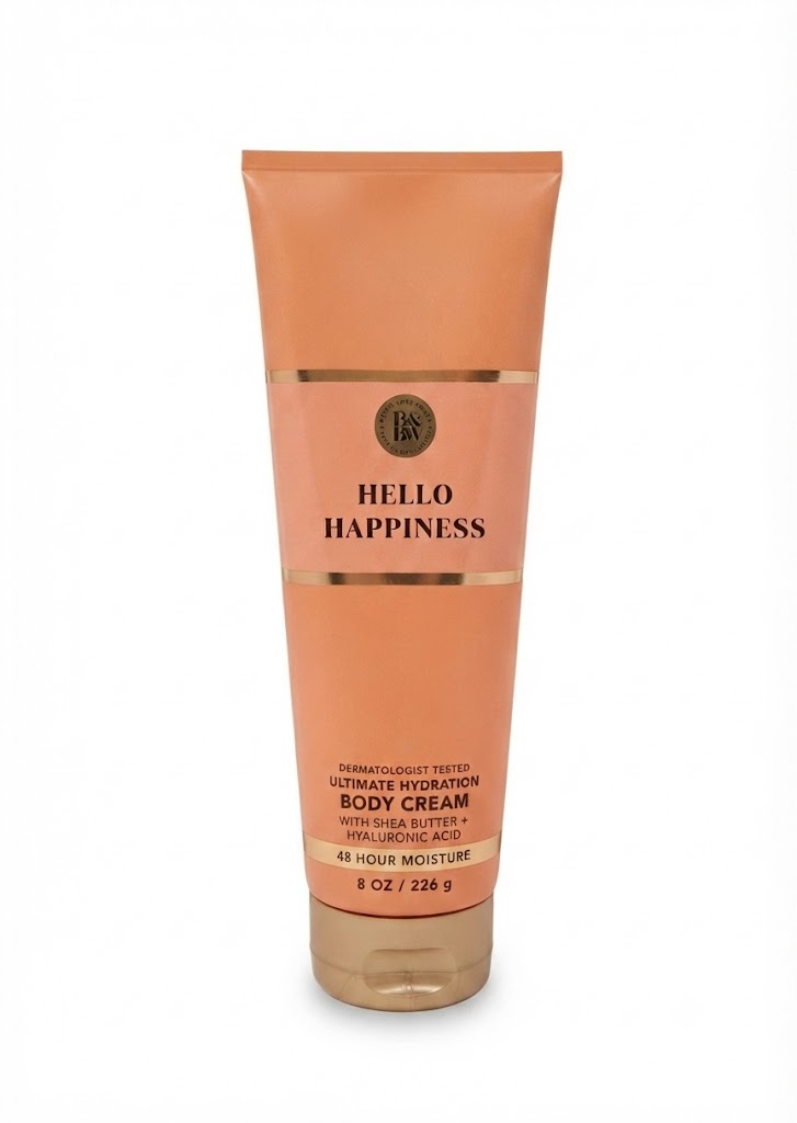 HELLO HAPPINESS Bath & Body Works Ultimate Hydration Body Cream, 8 oz orange tube with shea butter and hyaluronic acid