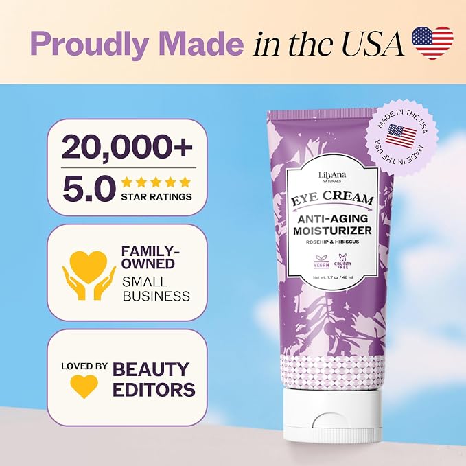 LILYANA NATURALS Eye cream tube with branding and certification badges on a blue background