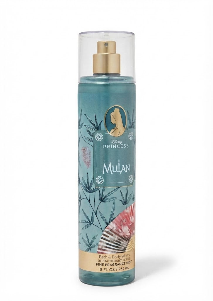 MULAN Disney Princess Bath & Body Works Fine Fragrance Mist, 8 oz teal bottle with bamboo and decorative fan design