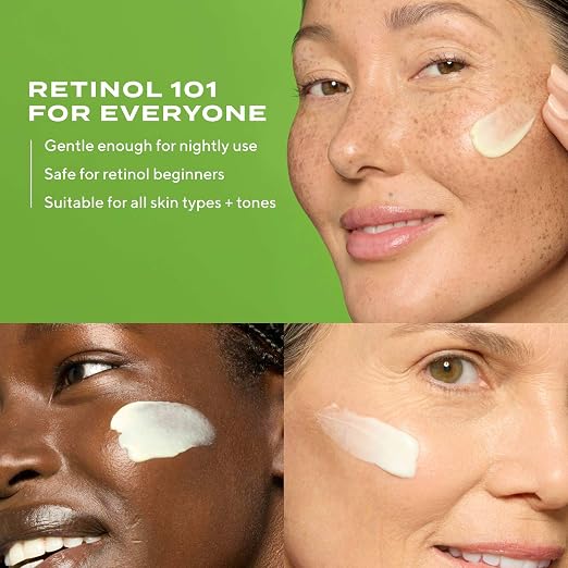 Three people with MURAD Retinol Youth Renewal Serum applied to their skin on a green background with text about retinol.
