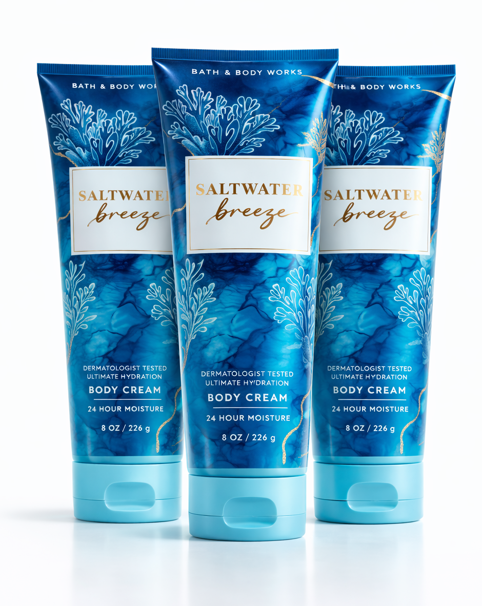 Three tubes of Bath & Body Works Saltwater Breeze body cream on a white background