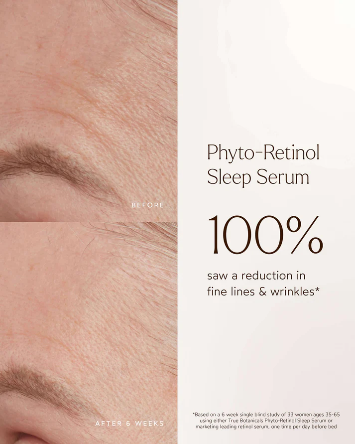 True Botanicals Phyto Retinol Sleep Serum before and after skincare results showing reduced appearance of fine lines and wrinkles after 6 weeks