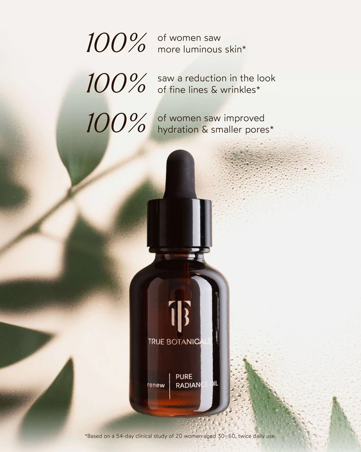 True Botanicals Renew Pure Radiance Oil luxury facial oil with clinical skincare results for glowing hydrated skin and reduced appearance of fine lines