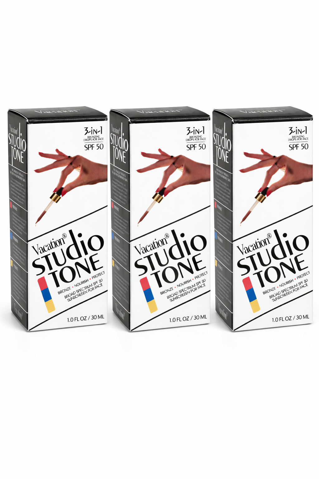 Vacation Studio Tone SPF 50 bronzing drops for face 3 pack 1 oz 30 ml boxes broad spectrum tinted sunscreen skincare bundle