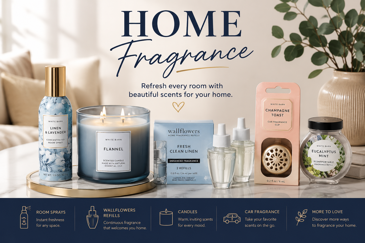 Home Fragrance collection featuring Bath & Body Works room spray, candle, Wallflowers refills and car fragrance products in an elegant home setting.