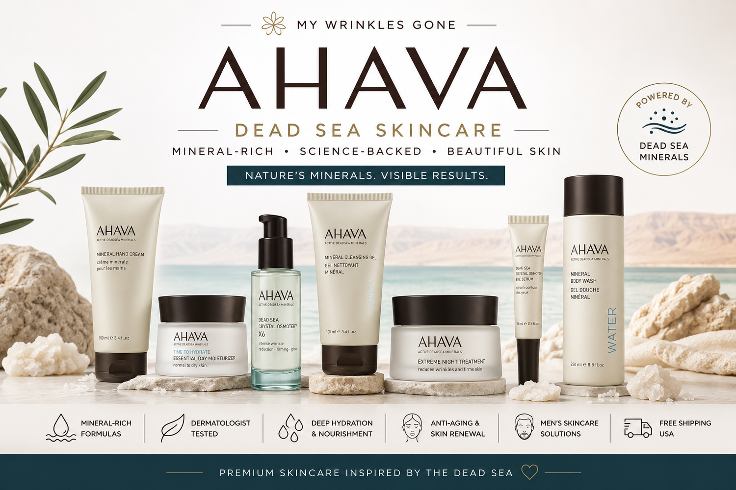 AHAVA Dead Sea Skincare collection featuring facial cleansers, moisturizers, anti-aging creams, eye treatments, body care, hand cream, and men's skincare with Dead Sea minerals at My Wrinkles Gone.