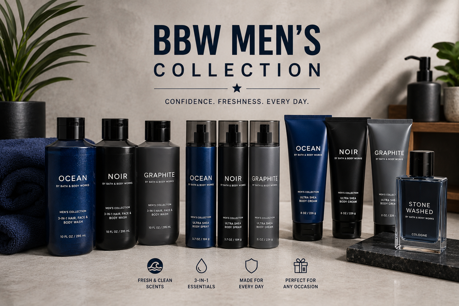 Bath & Body Works Men's Collection featuring premium body sprays, body washes, body creams, and colognes in bestselling masculine fragrances including Graphite, Crafted Cognac, To The Moon, Ocean, Noir, Atlantic, Bourbon, and Honorable.