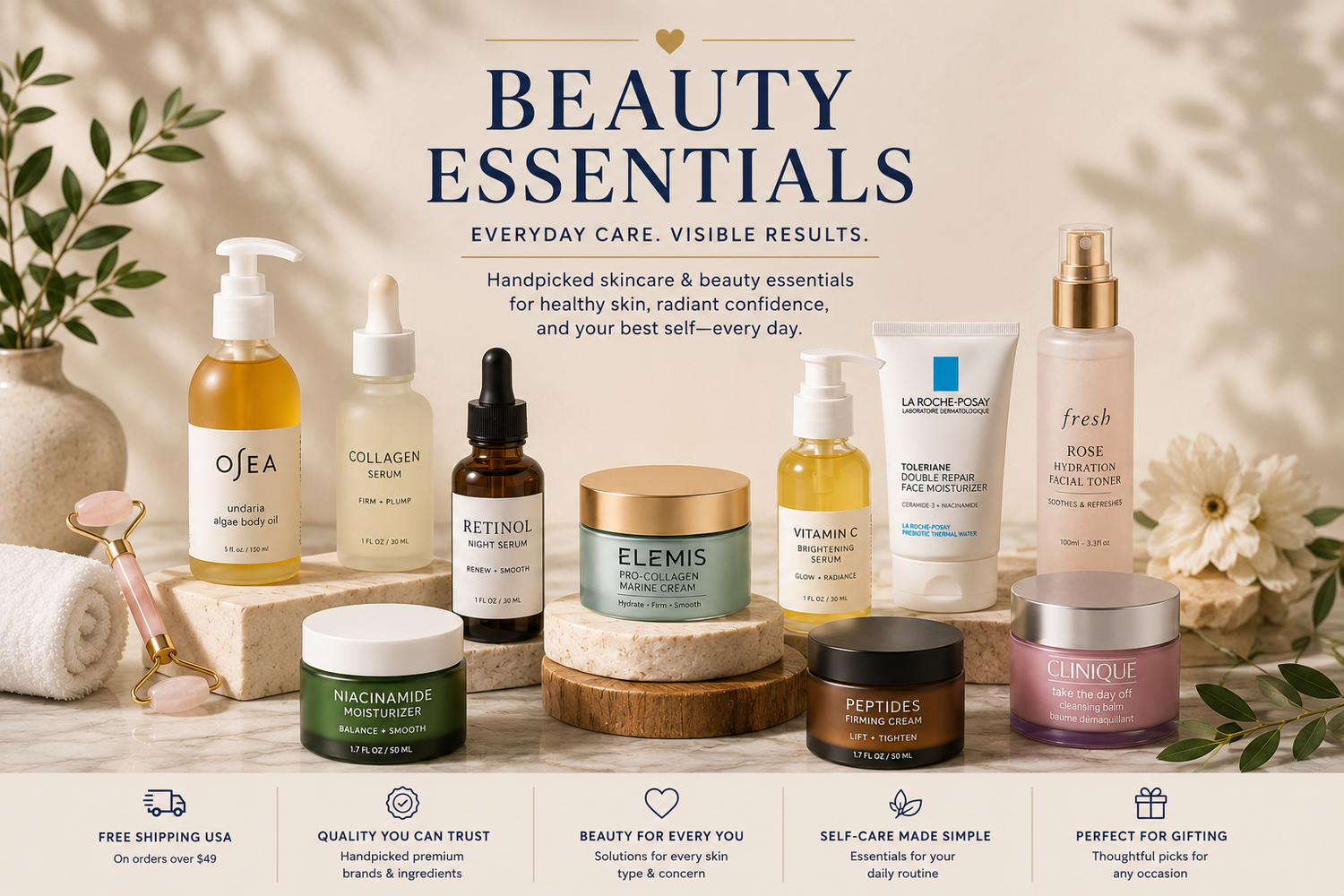 Beauty Essentials collection featuring collagen, retinol, vitamin C, niacinamide, peptide skincare and premium products from ELEMIS, Clinique, OSEA, Fresh and La Roche-Posay.