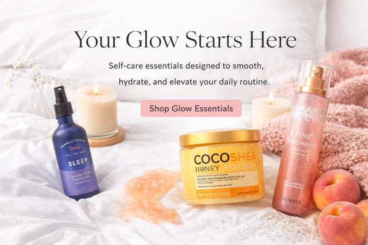 Glow Essentials collection banner featuring body scrub, shimmer mist, and pillow mist in a cozy at-home spa setting with candles and soft textures, My Wrinkles Gone self-care collection
