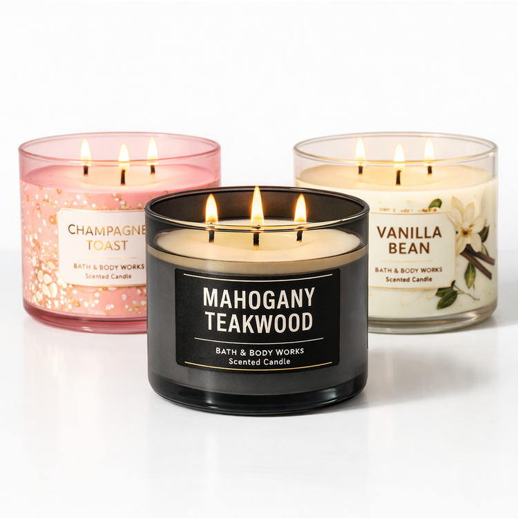 Bath & Body Works 3 wick candles set 14.5 oz Mahogany Teakwood Champagne Toast Vanilla Bean luxury home fragrance candles clean white background MWG