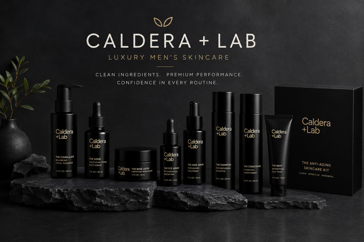 Caldera + Lab Luxury Men's Skincare Collection featuring The Good Serum, Clean Slate Cleanser, Base Layer Moisturizer, Eye Serum, Hair Serum, Shampoo, Conditioner, Clay Mask, and Anti-Aging Skincare Kit for premium botanical men's grooming.