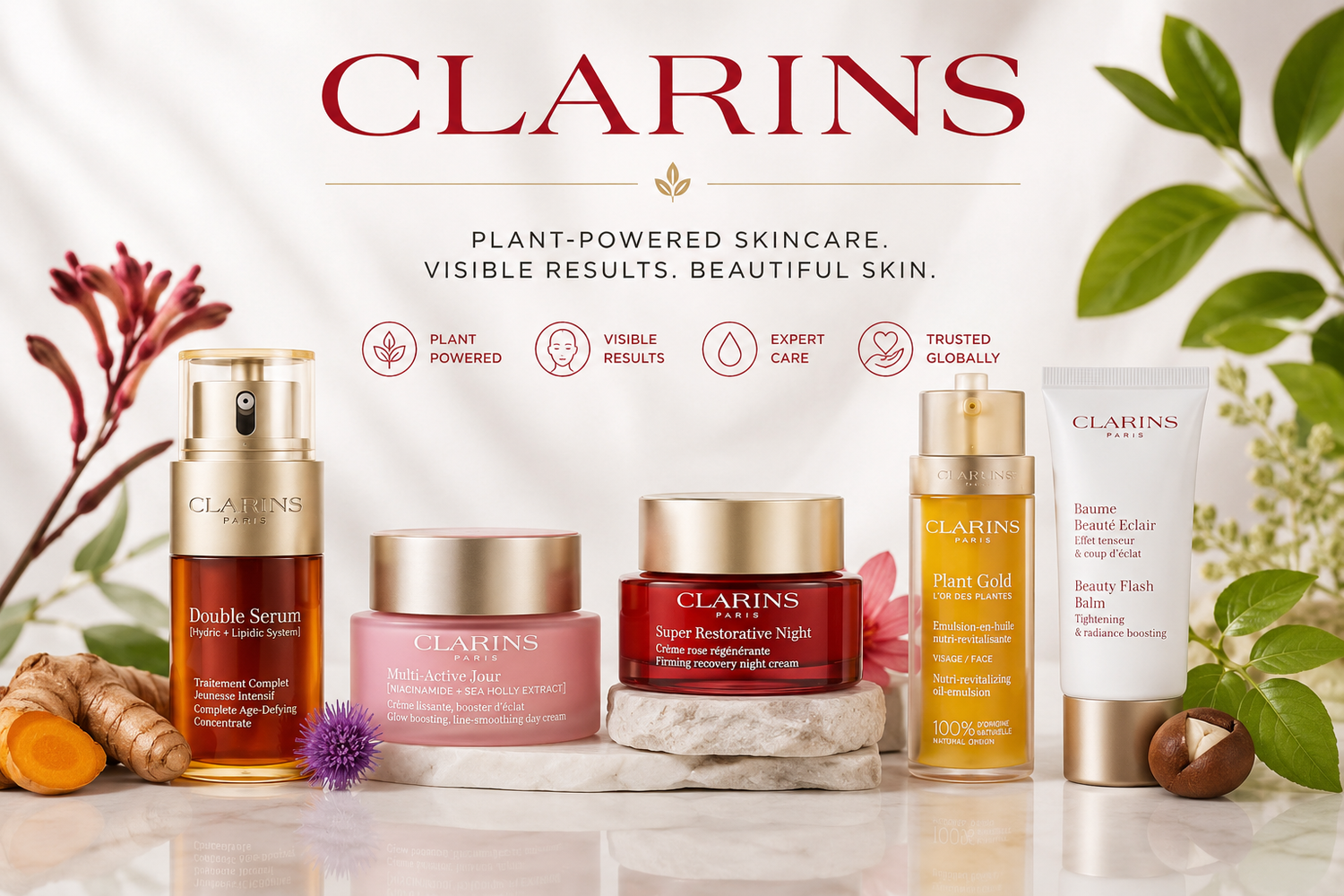 CLARINS luxury skincare collection with plant-powered serums moisturizers and treatments for anti-aging hydration radiance and mature skin