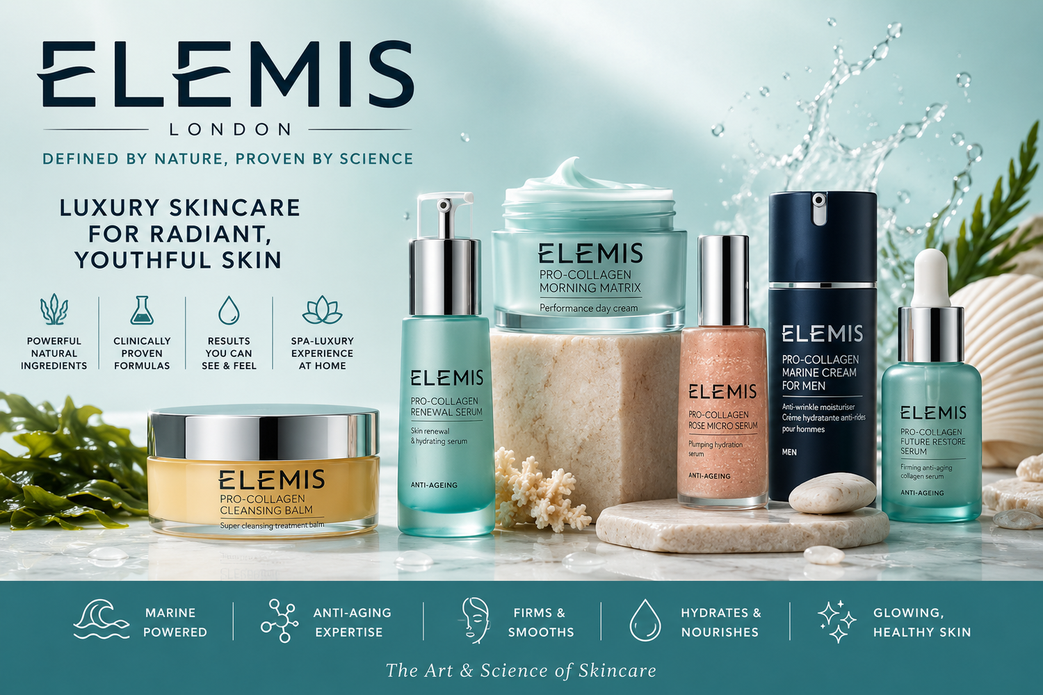 ELEMIS Luxury Skincare Collection featuring Pro-Collagen cleansers, marine anti-aging creams, hydrating serums, facial treatments, and premium skincare for firmer, smoother, radiant-looking skin.