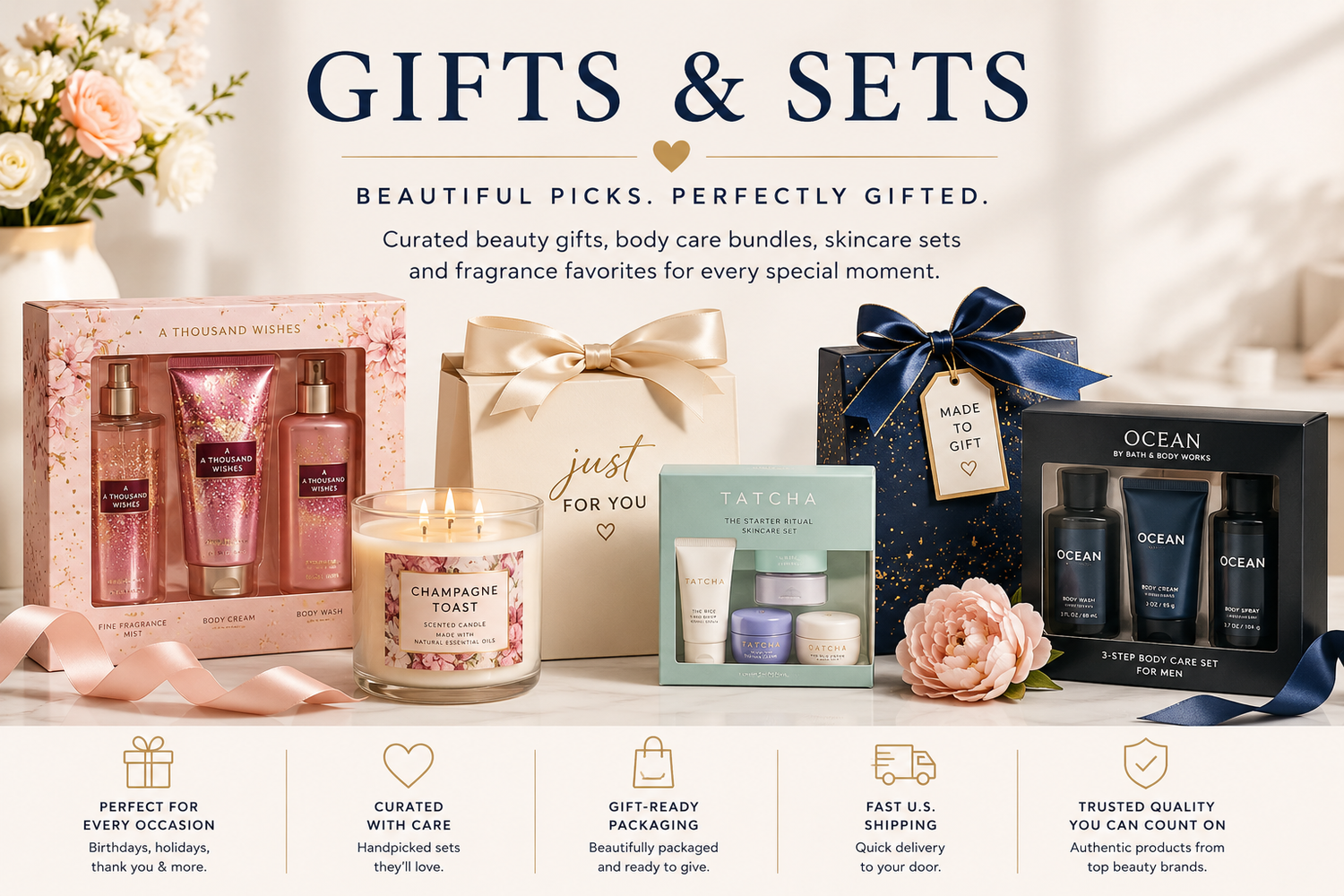 Gifts & Sets collection featuring curated Bath & Body Works body care bundles, a TATCHA skincare set, candle and gift-ready beauty packaging.