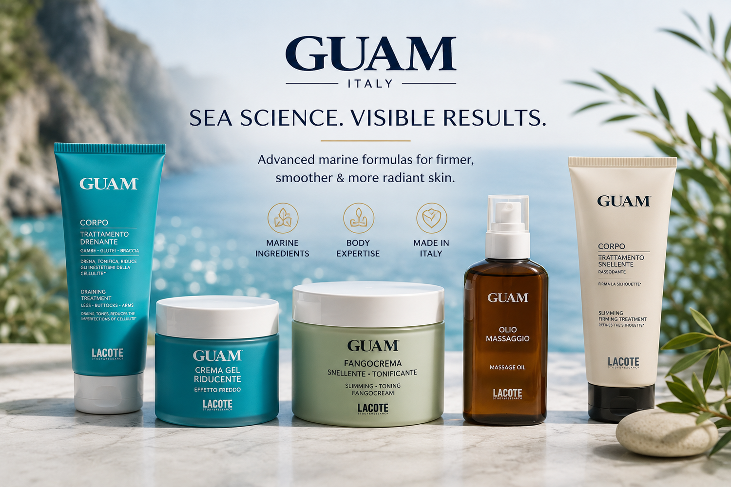 GUAM Italy premium marine body care collection with seaweed-inspired creams, treatments and massage oil in a coastal setting