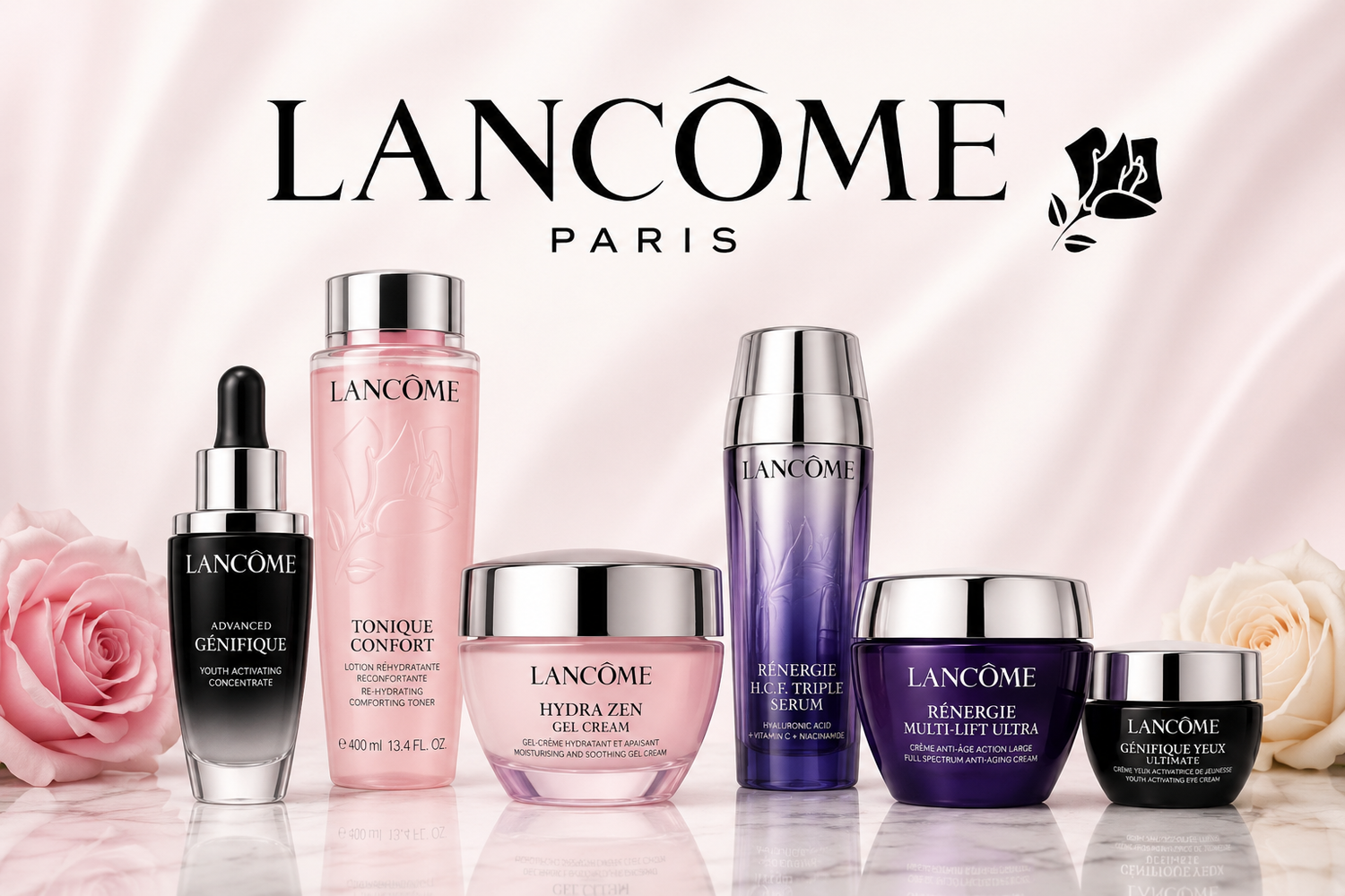 Lancôme skincare collection with premium moisturizers serums toners and eye creams for hydration anti-aging and radiant skin