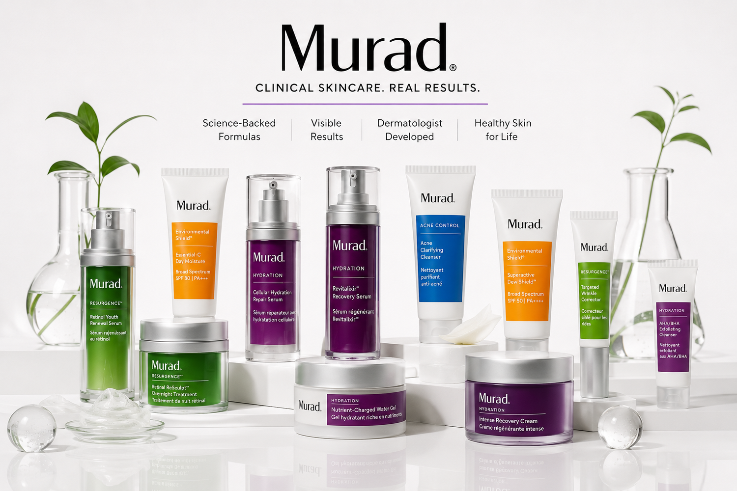 Murad Clinical Skincare collection featuring dermatologist-developed anti-aging, hydration, vitamin C, retinol, SPF, and acne treatment products. Premium medical-grade skincare for healthier, younger-looking skin.