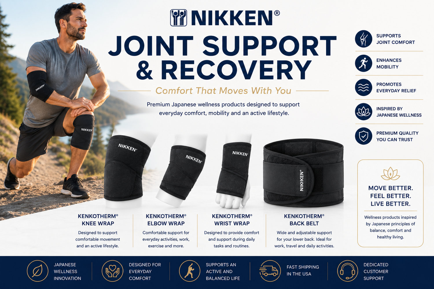 NIKKEN Joint Support & Recovery banner featuring KenkoTherm Knee Wrap, Elbow Wrap, Wrist Wrap and Back Belt with an active lifestyle design inspired by Japanese wellness, mobility, everyday comfort and premium recovery.