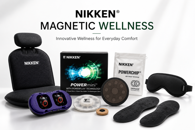 NIKKEN Magnetic Wellness collection hero featuring authentic PowerMini, PowerChip, MagDuo, Kenko Seat, Magnetic Insoles, and Kenko Sleep Mask, showcasing premium Japanese wellness technology for everyday comfort, recovery, and active lifestyles.