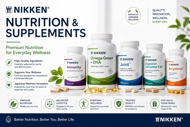 NIKKEN Nutrition & Supplements collection featuring Omega Green + DHA, Immunity, Joint, Digestion Complete 4•20, and Bergisterol premium dietary supplements for everyday wellness, balanced nutrition, and healthy living.