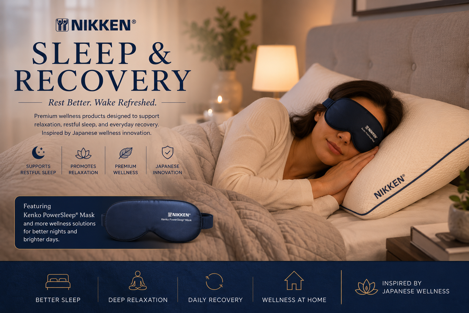 Woman sleeping peacefully wearing the NIKKEN Kenko PowerSleep Mask with a premium NIKKEN pillow and quilted bedding in a relaxing bedroom, representing Japanese-inspired sleep, comfort, recovery, and everyday wellness.