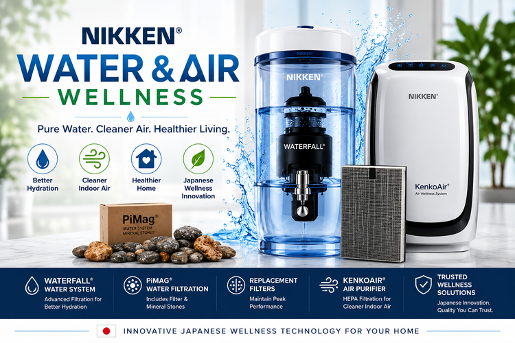 NIKKEN Water & Air Wellness collection featuring the Waterfall Water System, PiMag Water Filtration Bundle, KenkoAir Air Purifier, and HEPA replacement filter for cleaner air, healthier hydration, and everyday home wellness.