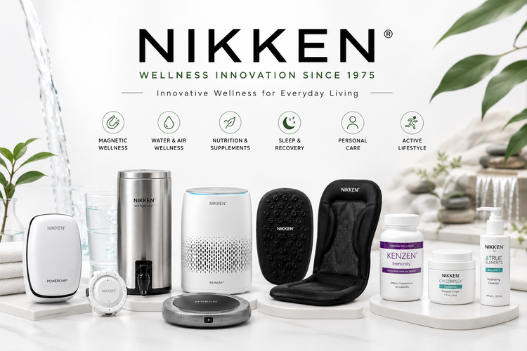 NIKKEN Wellness Products hero banner featuring PowerChip, PowerMini, Waterfall, KenkoAir, Kenko Seat, KenZen Immunity, CM Complex, and True Elements skincare representing magnetic wellness, hydration, nutrition, sleep, recovery, and healthy living.