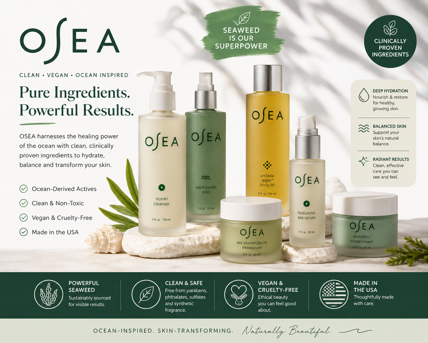 OSEA Clean Beauty Collection banner featuring premium vegan skincare products including face serum, cleanser, body oil and moisturizer. Ocean-inspired, cruelty-free skincare curated by My Wrinkles Gone.