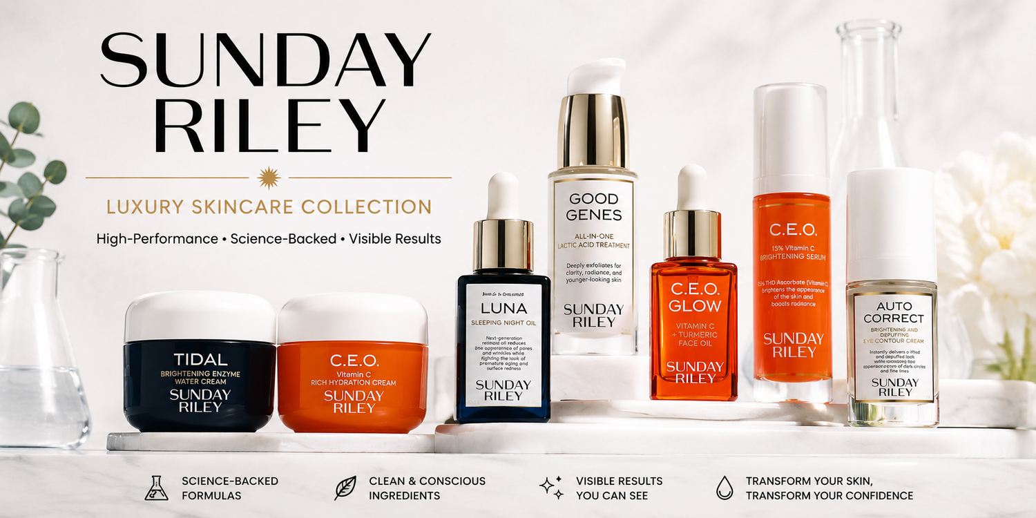 Sunday Riley Luxury Skincare Collection featuring science-backed anti-aging serums, vitamin C treatments, retinol oil, lactic acid exfoliation, eye care, and premium skincare for radiant, healthy-looking skin.
