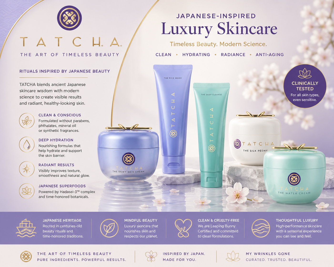 TATCHA Japanese luxury skincare collection banner featuring The Dewy Skin Cream, The Water Cream, The Rice Wash, The Deep Cleanse and The Silk Peony Eye Cream. Premium clean beauty inspired by Japanese rituals, curated by My Wrinkles Gone.