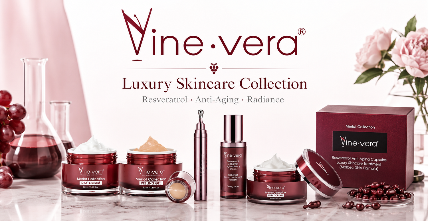 Vine Vera Luxury Skincare Collection featuring premium resveratrol anti-aging creams, serums, eye treatments, facial masks, and luxury skincare products for radiant, youthful-looking skin.