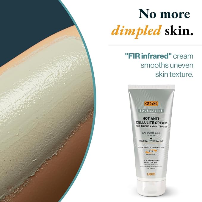 GUAM FIR Anti-Cellulite Hot Cream with Seaweed, Caffeine & Tourmaline - 6.7 oz, formula texture and product details