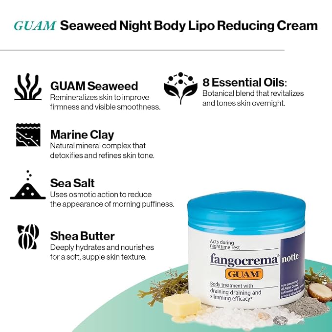 GUAM Fangocrema Notte Overnight Seaweed Firming Body Cream - 6.7 oz, formula texture and product details