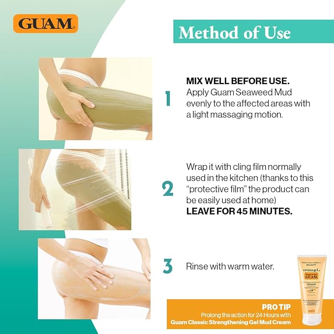 GUAM FIR Fast-Action Seaweed Mud Body Wrap with Tourmaline, how-to-use and application details