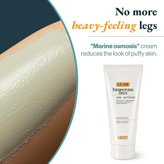 GUAM Fangocrema DREN Seaweed Firming Cream for Heavy-Looking Legs, product packaging and container