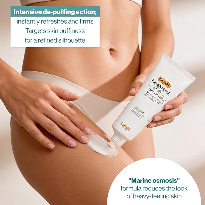 GUAM Fangocrema DREN Seaweed Firming Cream for Heavy-Looking Legs, how-to-use and application details