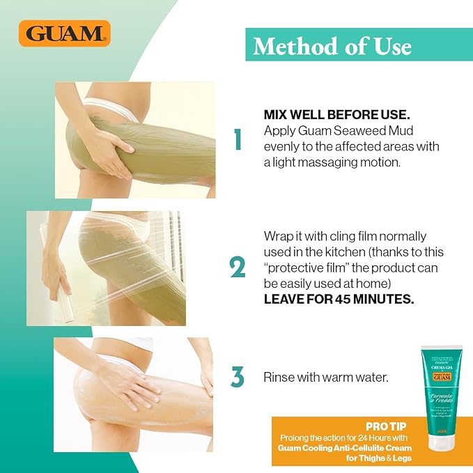 GUAM Cold-Formula Seaweed Mud Body Wrap for Legs - 1.1 lb, premium Italian marine skincare presentation