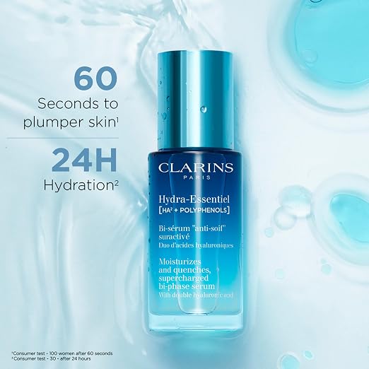 CLARINS Hydra-Essentiel Bi-Phase Serum product packaging and jar or bottle view for anti-aging hydration firmness and radiance