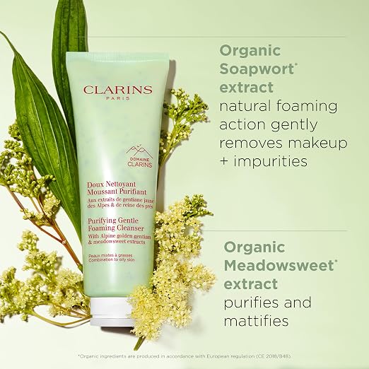 CLARINS Purifying Gentle Foaming Cleanser skincare benefits graphic for a luxury facial cleansing routine